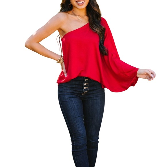 Red One Shoulder Top Party Cocktail Asymmetric Drape Blouse Size‎ M - Picture 1 of 9